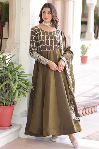 Mehendi vichitra readymade anarkali suit with zari embroidery & sequence work