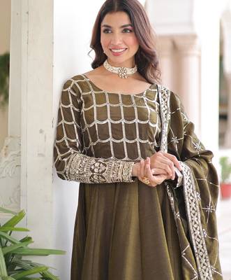 Mehendi vichitra readymade anarkali suit with zari embroidery & sequence work 2