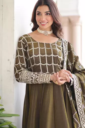 Mehendi vichitra readymade anarkali suit with zari embroidery & sequence work