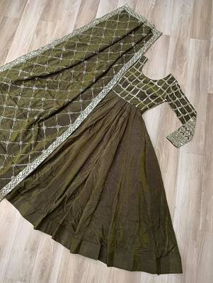 Mehendi vichitra readymade anarkali suit with zari embroidery & sequence work 3