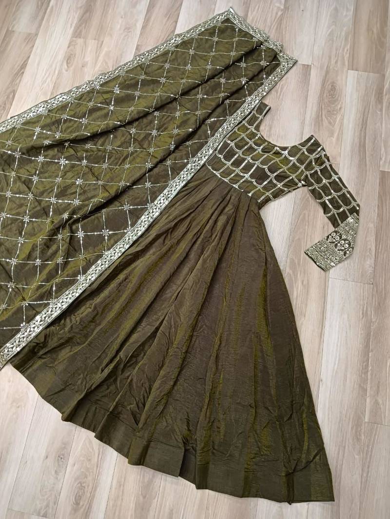 Mehendi vichitra readymade anarkali suit with zari embroidery & sequence work