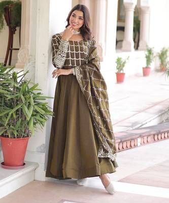 Mehendi vichitra readymade anarkali suit with zari embroidery & sequence work 4