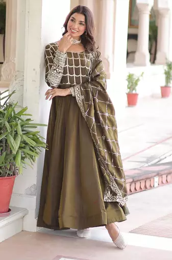 Mehendi vichitra readymade anarkali suit with zari embroidery & sequence work