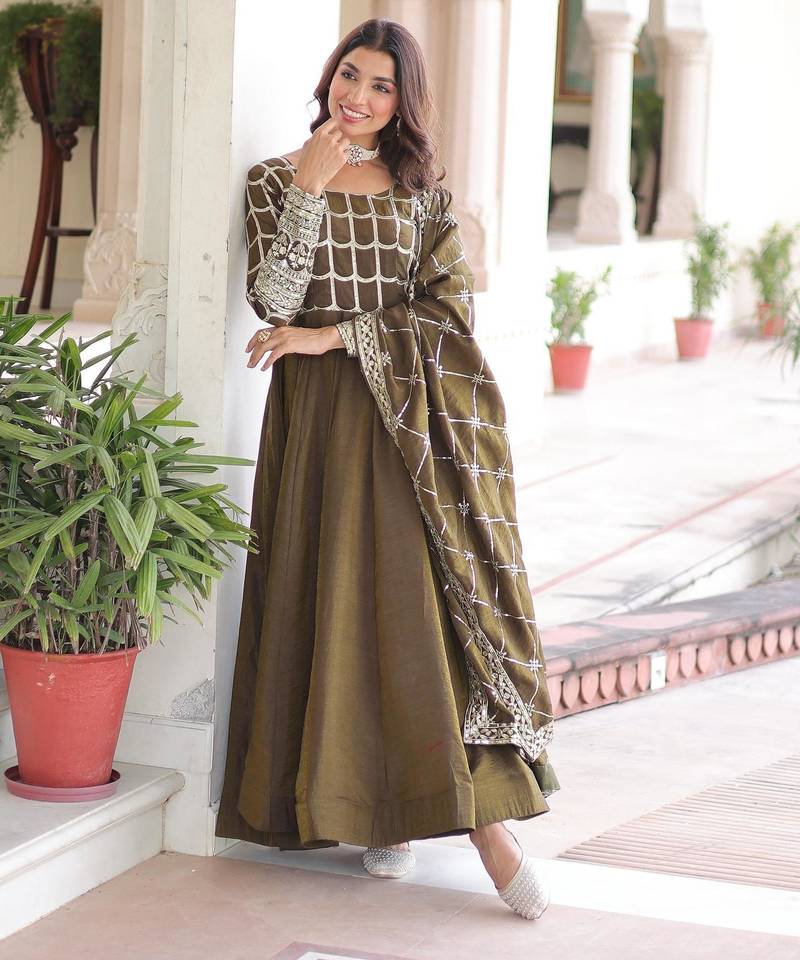 Mehendi vichitra readymade anarkali suit with zari embroidery & sequence work