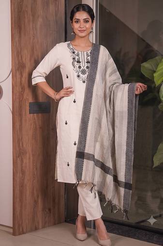 Off white cotton embroidered straight kurti with pant & printed cotton dupatta set