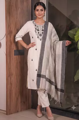 Off white cotton embroidered straight kurti with pant & printed cotton dupatta set