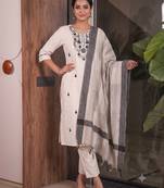 Off white cotton embroidered straight kurti with pant & printed cotton dupatta set