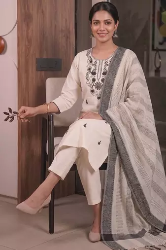 Off white cotton embroidered straight kurti with pant & printed cotton dupatta set