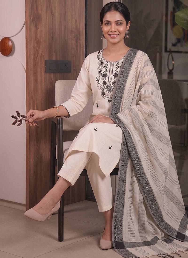 Off white cotton embroidered straight kurti with pant & printed cotton dupatta set