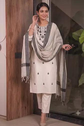 Off white cotton embroidered straight kurti with pant & printed cotton dupatta set