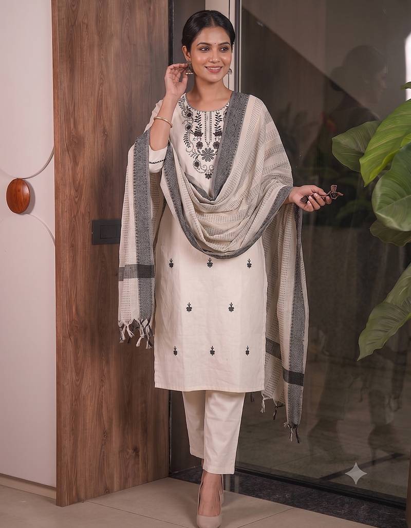 Off white cotton embroidered straight kurti with pant & printed cotton dupatta set