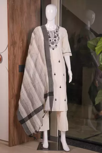 Off white cotton embroidered straight kurti with pant & printed cotton dupatta set