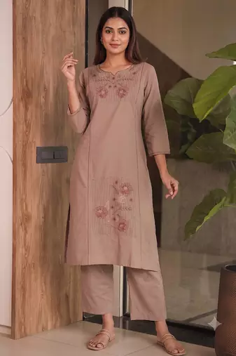 Women brown cotton thread embroidered straight kurti with straight pant set