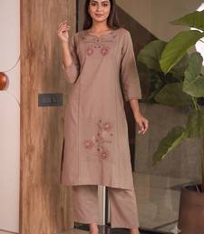 Women brown cotton thread embroidered straight kurti with straight pant set