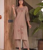 Women brown cotton thread embroidered straight kurti with straight pant set