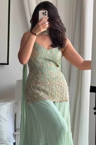 Sea Green Color Sequence And Embroidery Work Fuax Georget Salware Suit