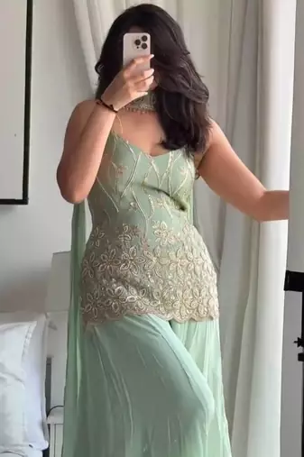 Sea Green Color Sequence And Embroidery Work Fuax Georget Salware Suit