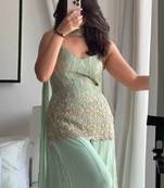 Sea Green Color Sequence And Embroidery Work Fuax Georget Salware Suit