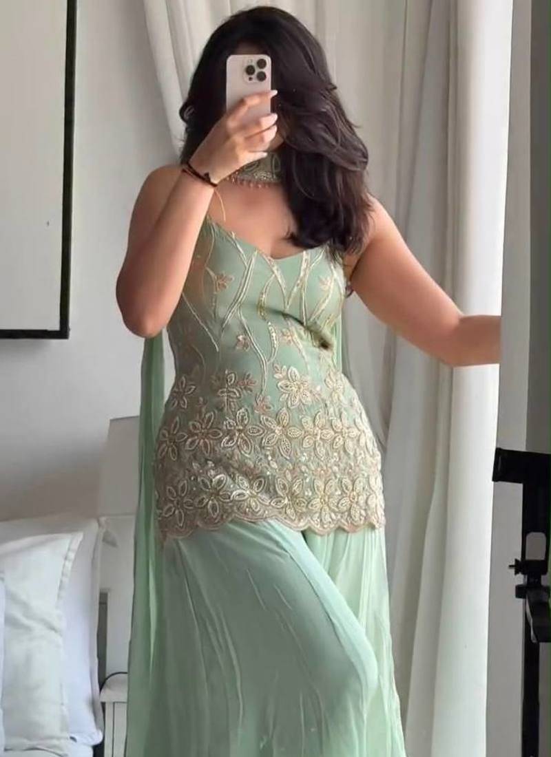 Sea Green Color Sequence And Embroidery Work Fuax Georget Salware Suit