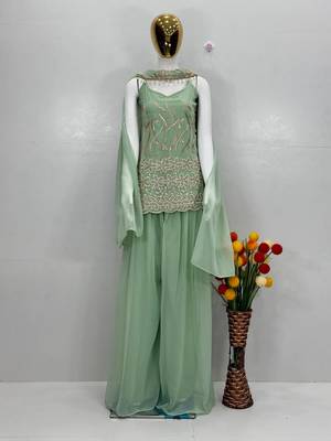 Sea Green Color Sequence And Embroidery Work Fuax Georget Salware Suit 4
