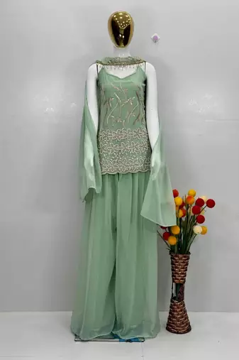 Sea Green Color Sequence And Embroidery Work Fuax Georget Salware Suit