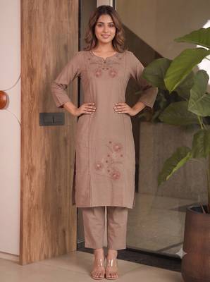 Women brown cotton thread embroidered straight kurti with straight pant set 2