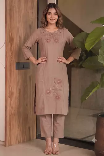 Women brown cotton thread embroidered straight kurti with straight pant set