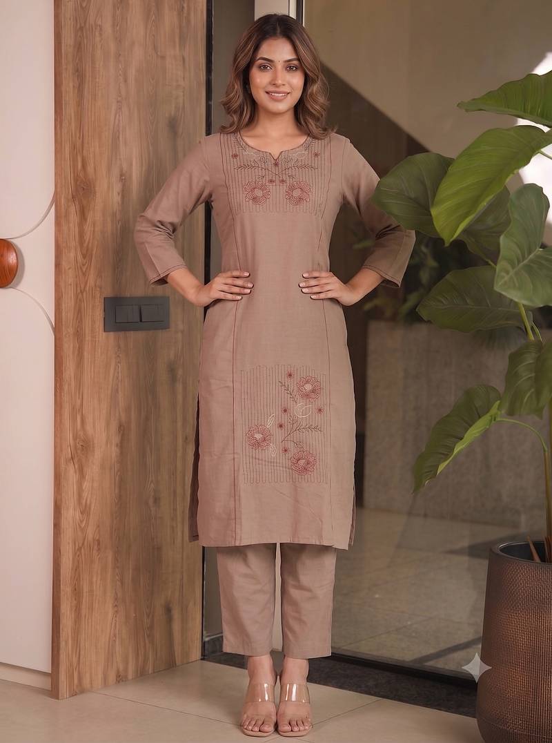 Women brown cotton thread embroidered straight kurti with straight pant set