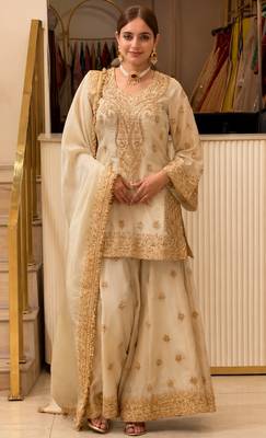 Beige chinon readymade suit with embroidery & sequence work 1