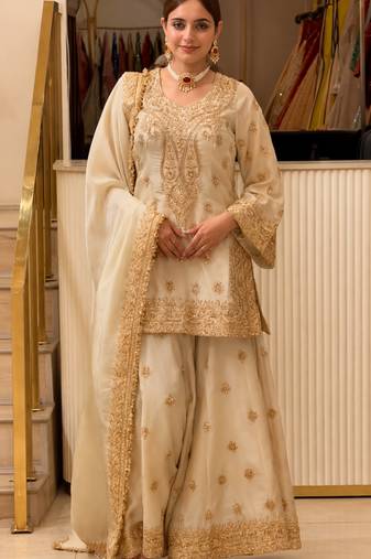 Beige chinon readymade suit with embroidery & sequence work