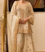 Beige chinon readymade suit with embroidery & sequence work