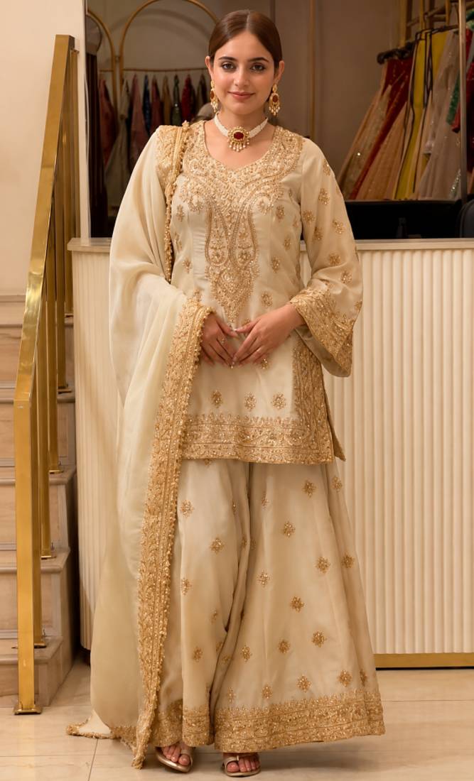 Beige chinon readymade suit with embroidery & sequence work