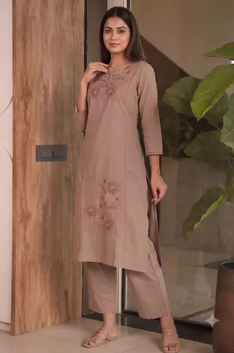 Women brown cotton thread embroidered straight kurti with straight pant set