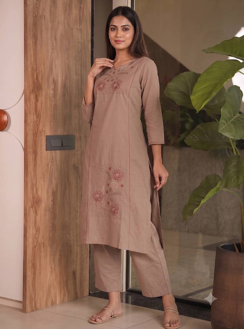 Women brown cotton thread embroidered straight kurti with straight pant set