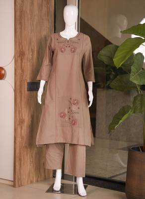 Women brown cotton thread embroidered straight kurti with straight pant set 4