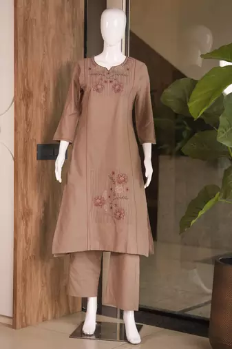 Women brown cotton thread embroidered straight kurti with straight pant set