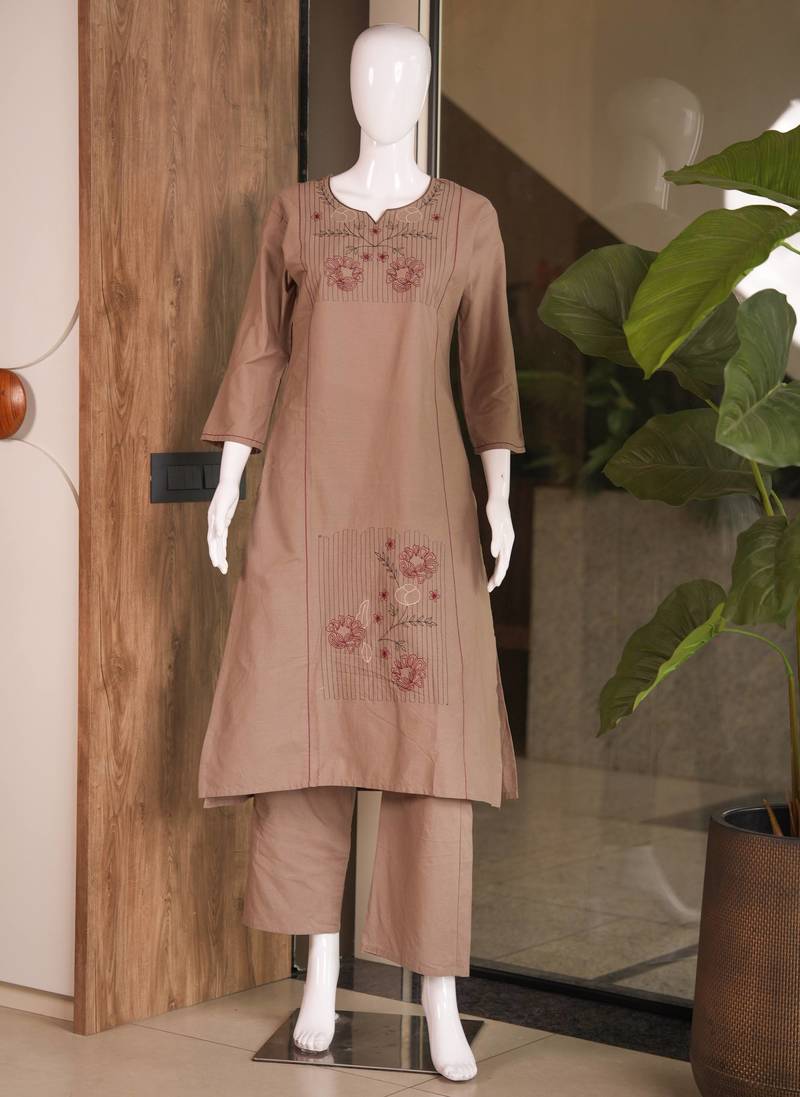 Women brown cotton thread embroidered straight kurti with straight pant set