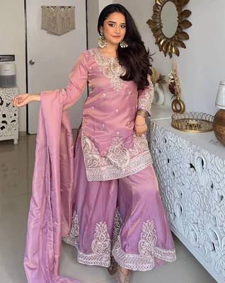 Pink Color Embroidery And Sequance Work Silk Blend Salwar Suit 1