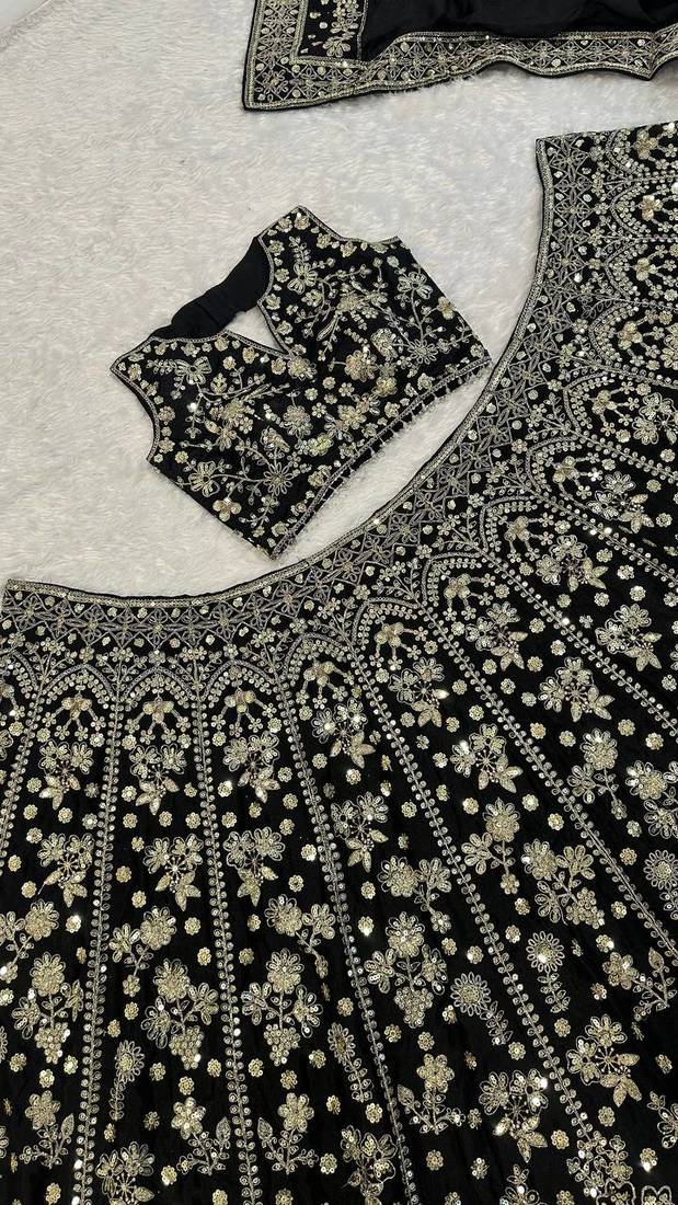 black color zari sequins dori work  silk blend lehenga Choli Set
