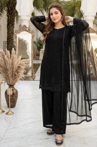 Black Color Embroidery And Beads Work Fuax Georget Salwar Suit 