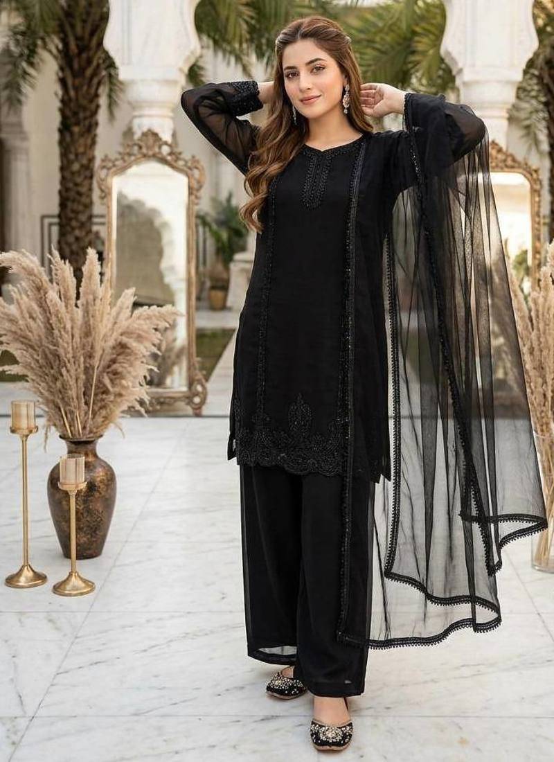 Black Color Embroidery And Beads Work Fuax Georget Salwar Suit 
