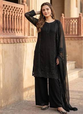 Black Color Embroidery And Beads Work Fuax Georget Salwar Suit  2