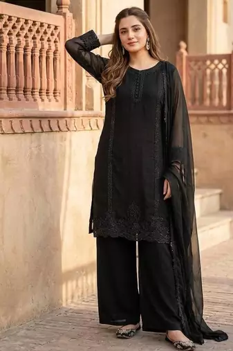 Black Color Embroidery And Beads Work Fuax Georget Salwar Suit 