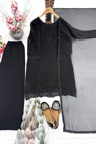 Black Color Embroidery And Beads Work Fuax Georget Salwar Suit 
