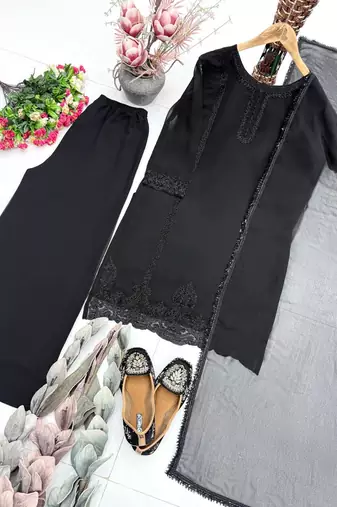 Black Color Embroidery And Beads Work Fuax Georget Salwar Suit 