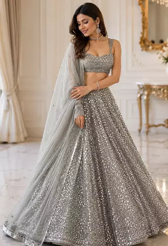grey sequin silk blend lehnga Choli Set