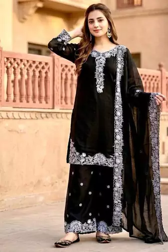 Black Color Embroidery And Sequance Work Chanderi Salwar Suit