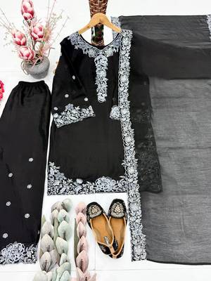 Black Color Embroidery And Sequance Work Chanderi Salwar Suit 3