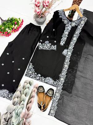 Black Color Embroidery And Sequance Work Chanderi Salwar Suit 4