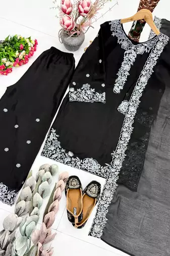 Black Color Embroidery And Sequance Work Chanderi Salwar Suit